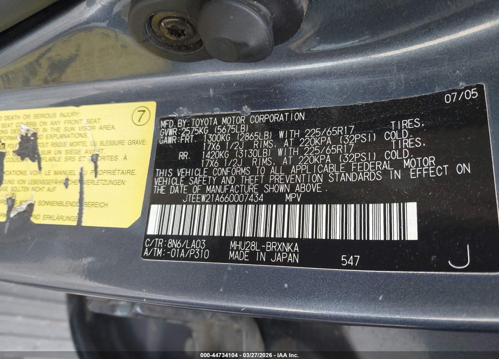 2006 TOYOTA HIGHLANDER HYBRID LIMITED V6 VIN: JTEEW21A660007434
