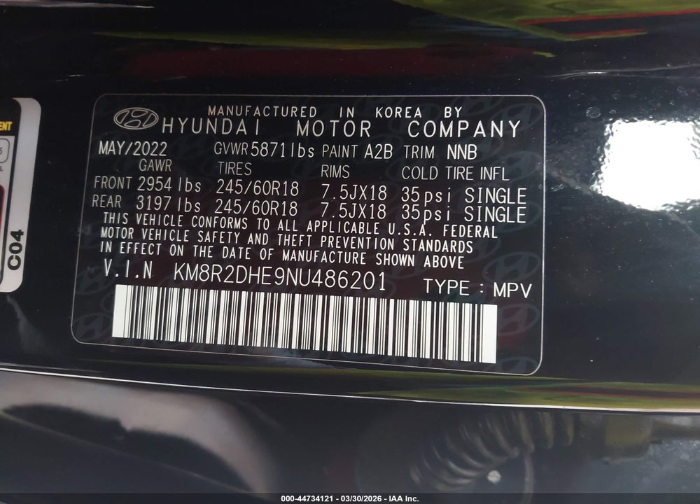 2022 HYUNDAI PALISADE SEL VIN: KM8R2DHE9NU486201