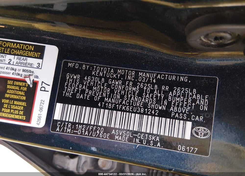 2014 TOYOTA CAMRY SE VIN: 4T1BF1FK6EU381242