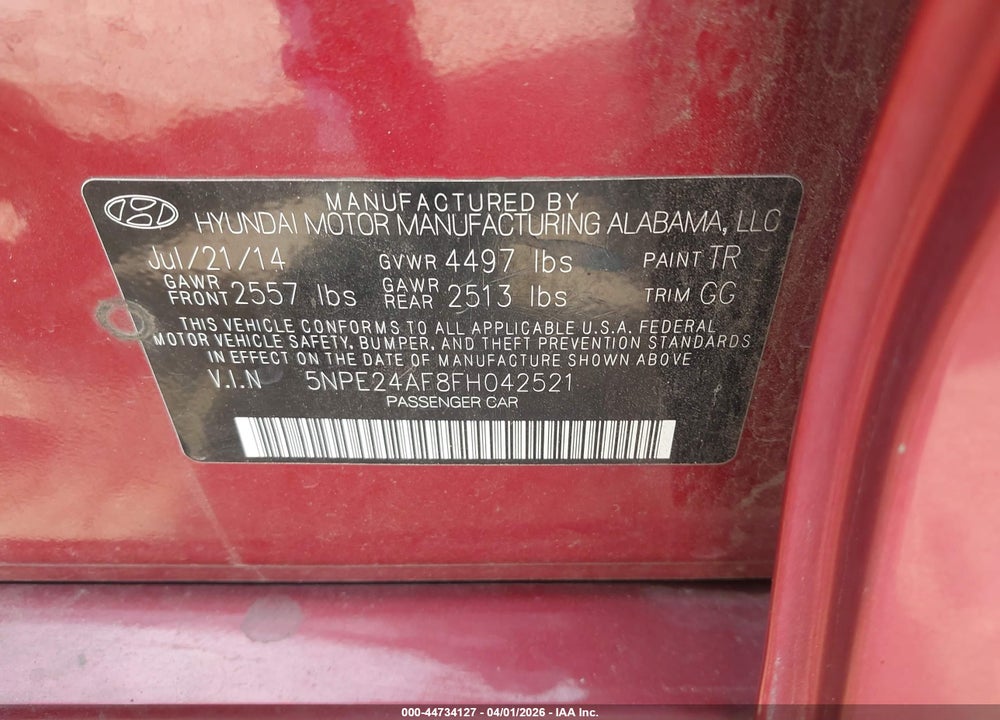 2015 HYUNDAI SONATA SE VIN: 5NPE24AF8FH042521