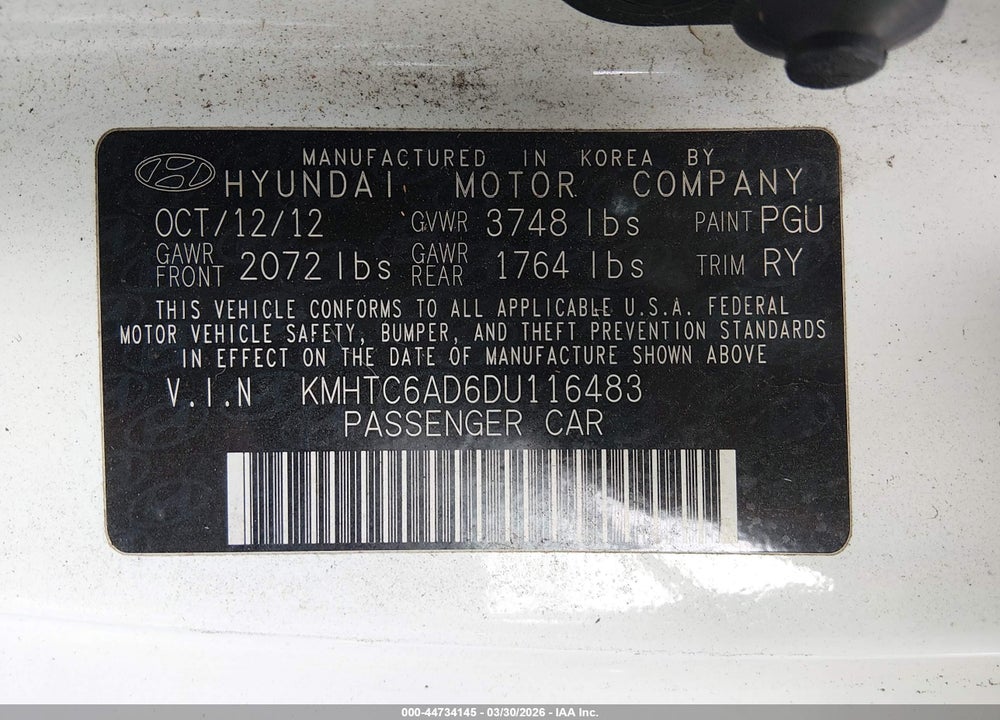 2013 HYUNDAI VELOSTER BASE W/GRAY VIN: KMHTC6AD6DU116483
