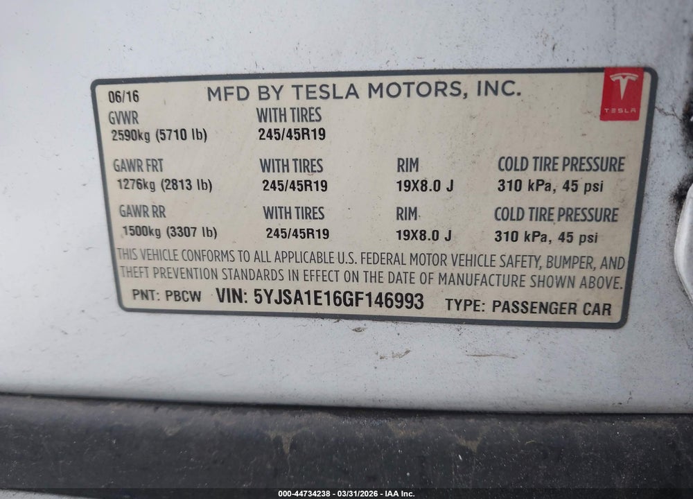 2016 TESLA MODEL S 60/70/75/85 VIN: 5YJSA1E16GF146993