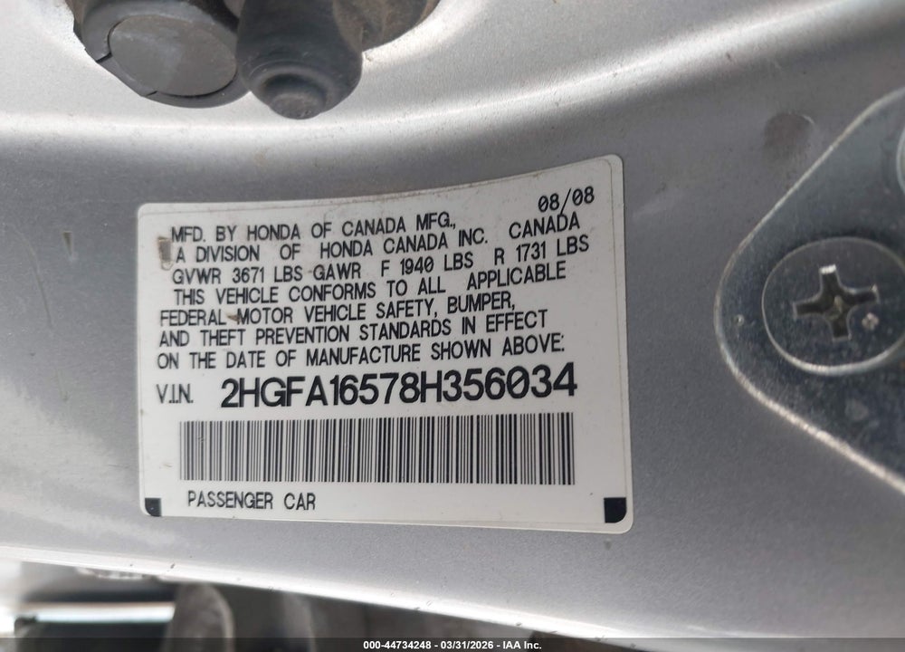 2008 HONDA CIVIC LX VIN: 2HGFA16578H356034