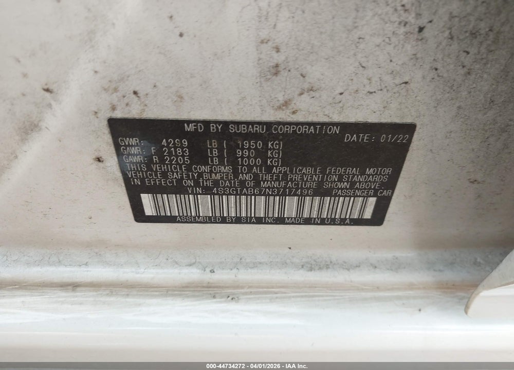 2022 SUBARU IMPREZA BASE 5-DOOR VIN: 4S3GTAB67N3717496