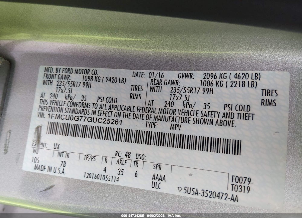 2016 FORD ESCAPE SE VIN: 1FMCU0G77GUC25261