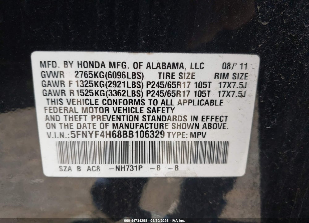 2011 HONDA PILOT EX-L VIN: 5FNYF4H68BB106329