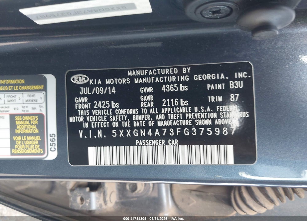 2015 KIA OPTIMA EX VIN: 5XXGN4A73FG375987