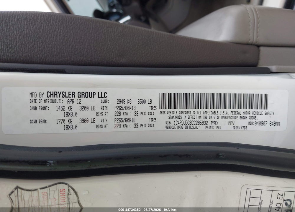 2012 DODGE DURANGO CREW VIN: 1C4RDJDG8CC285932