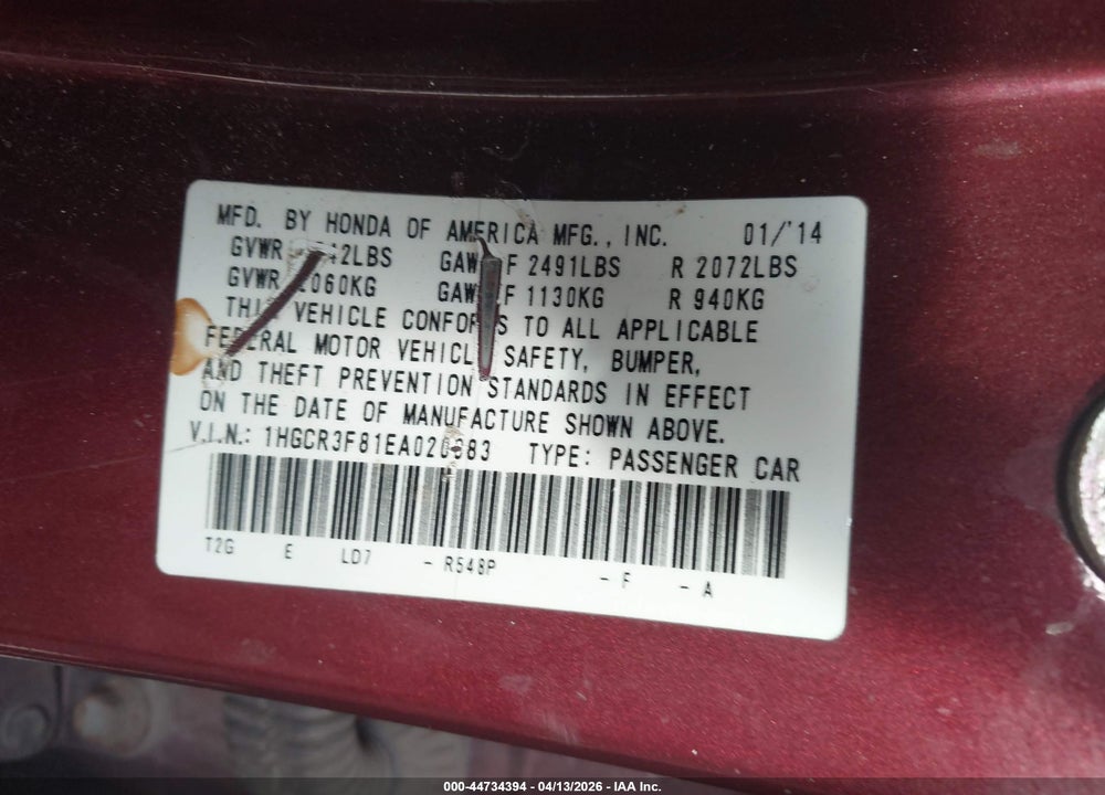 2014 HONDA ACCORD EX-L V-6 VIN: 1HGCR3F81EA020083