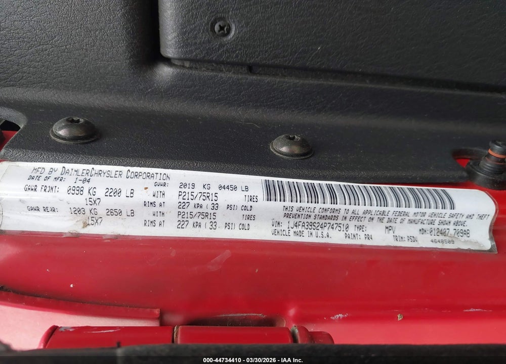 2004 JEEP WRANGLER X VIN: 1J4FA39S24P747510