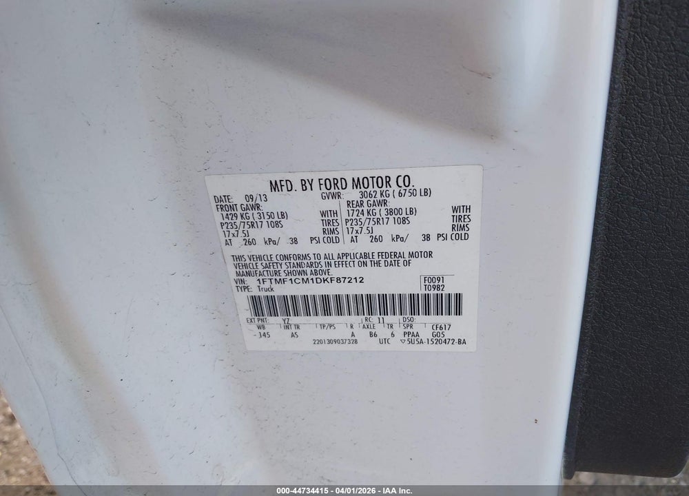 2013 FORD F-150 XL VIN: 1FTMF1CM1DKF87212