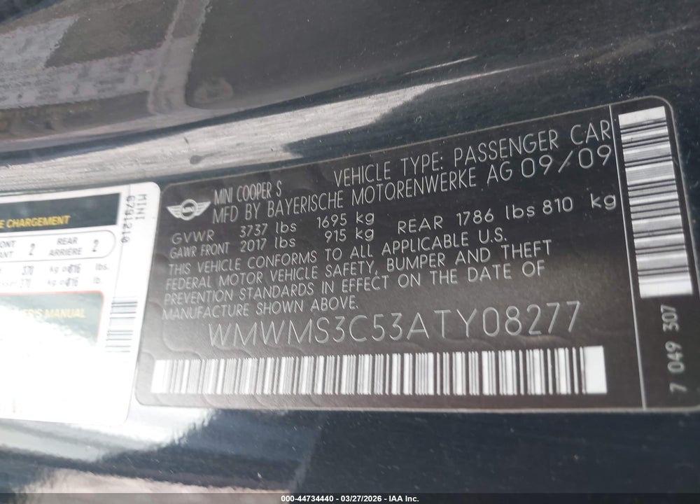2010 MINI COOPER S VIN: WMWMS3C53ATY08277