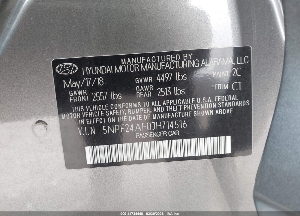 2018 HYUNDAI SONATA SE VIN: 5NPE24AF0JH714516