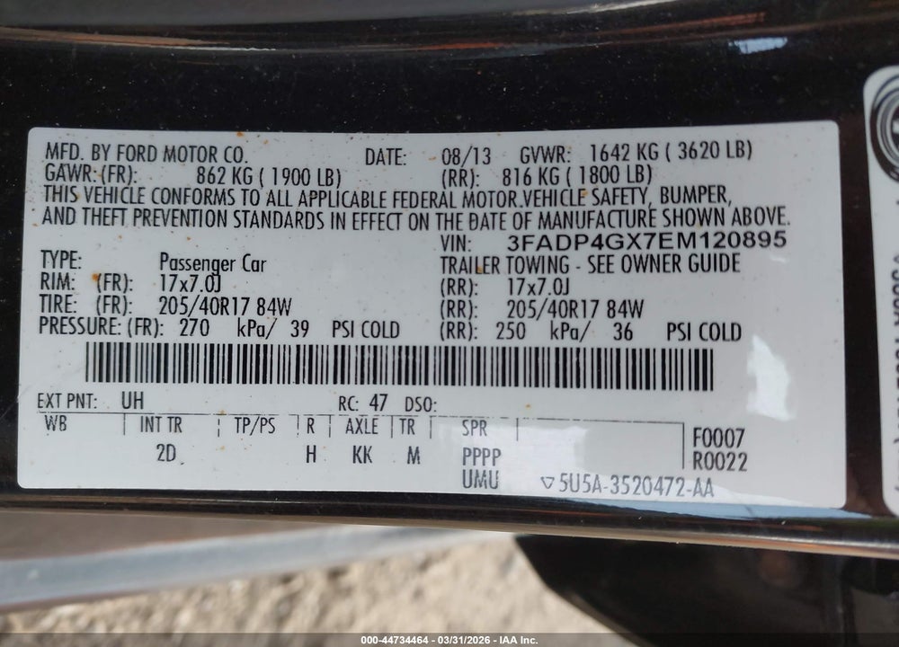 2014 FORD FIESTA ST VIN: 3FADP4GX7EM120895
