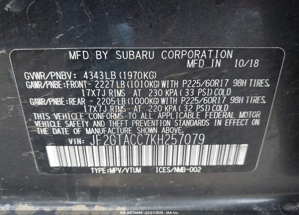 2019 SUBARU CROSSTREK 2.0I PREMIUM VIN: JF2GTACC7KH257079