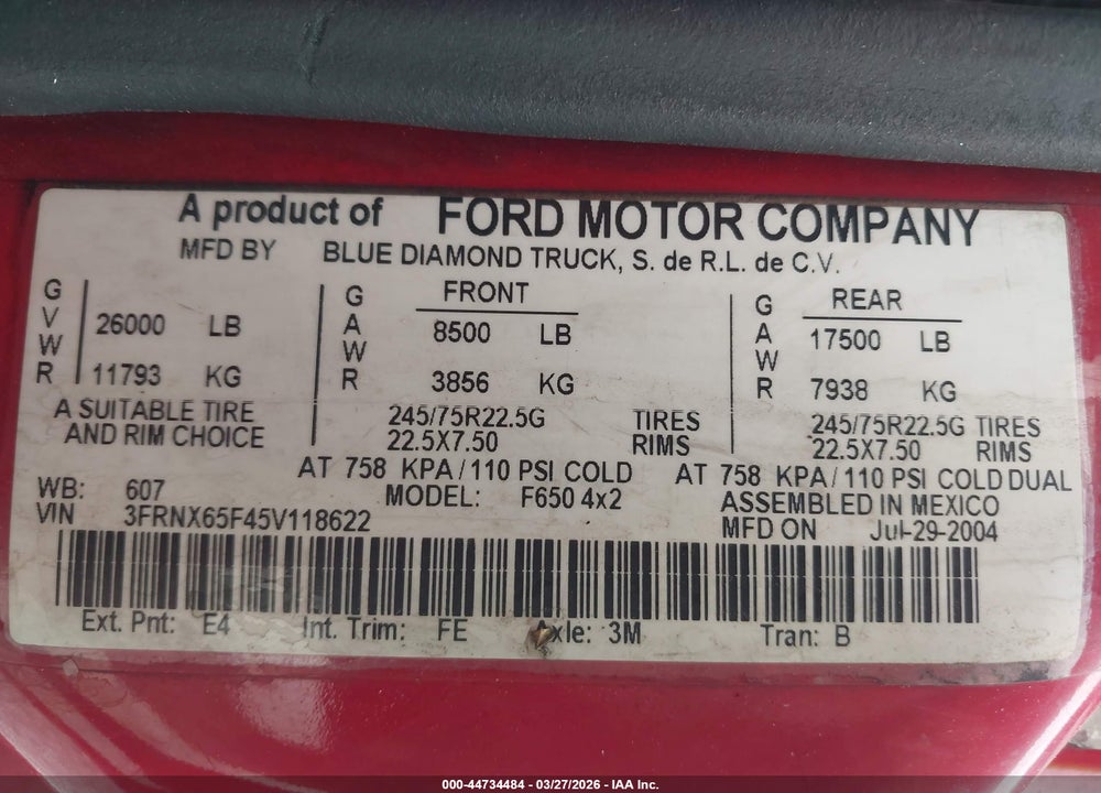 2005 FORD F-650 XL/XLT VIN: 3FRNX65F45V118622