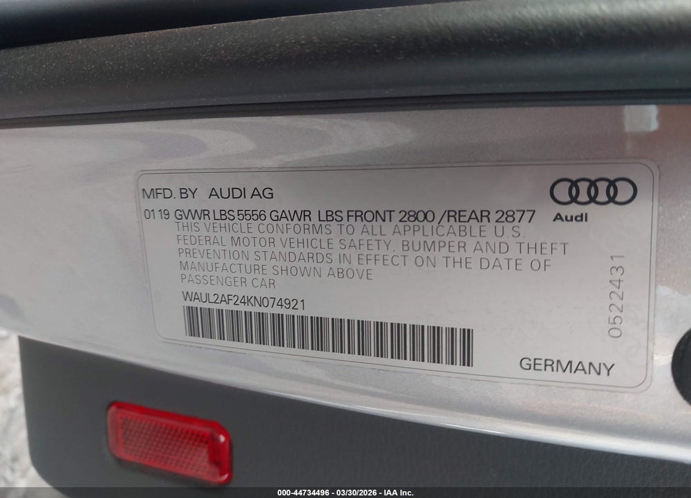 2019 AUDI A6 55 PREMIUM VIN: WAUL2AF24KN074921