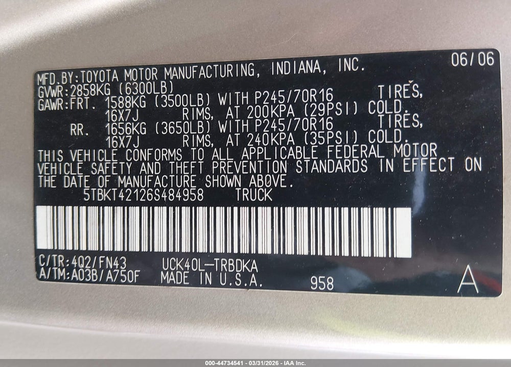 2006 TOYOTA TUNDRA BASE V8 VIN: 5TBKT42126S484958