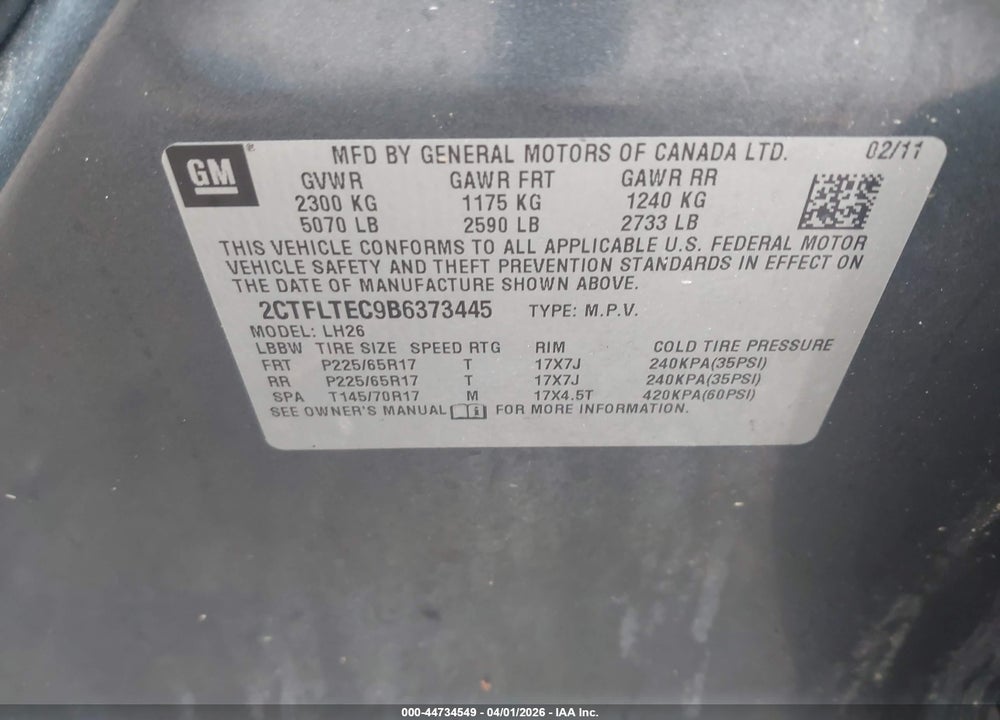 2011 GMC TERRAIN SLE-2 VIN: 2CTFLTEC9B6373445