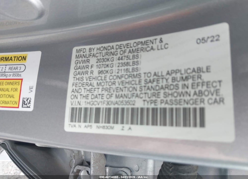 2022 HONDA ACCORD SPORT VIN: 1HGCV1F30NA053502