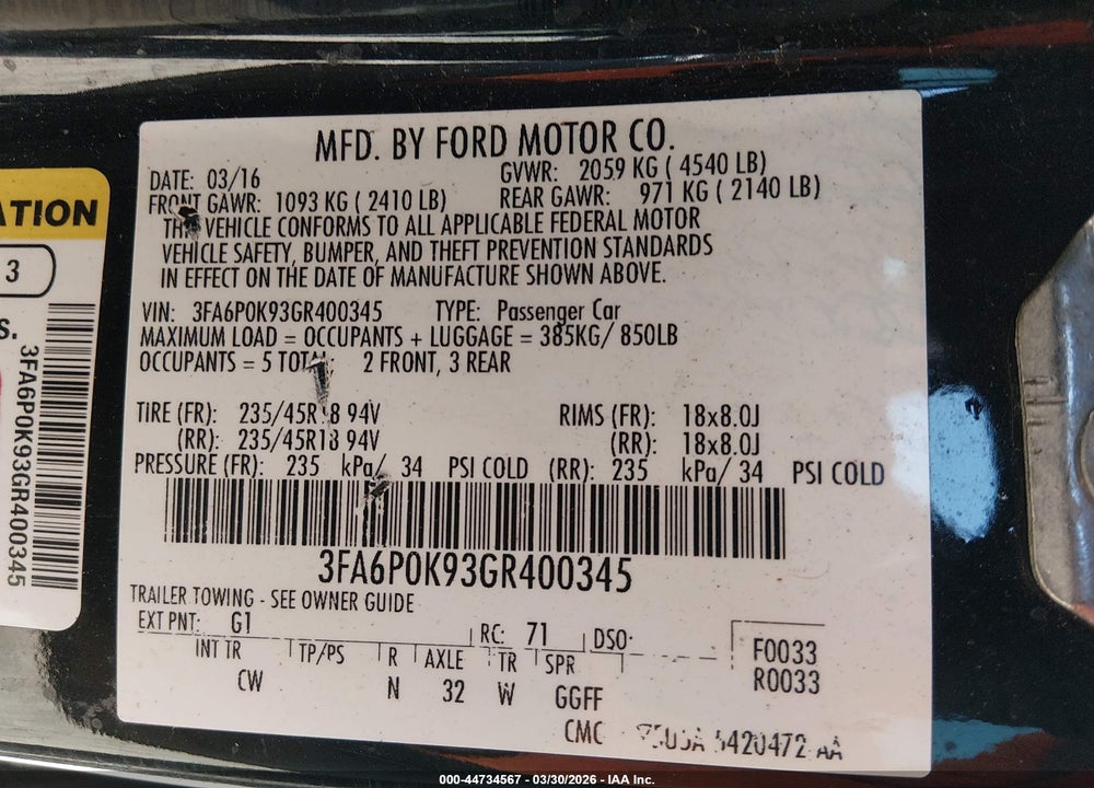 2016 FORD FUSION TITANIUM VIN: 3FA6P0K93GR400345