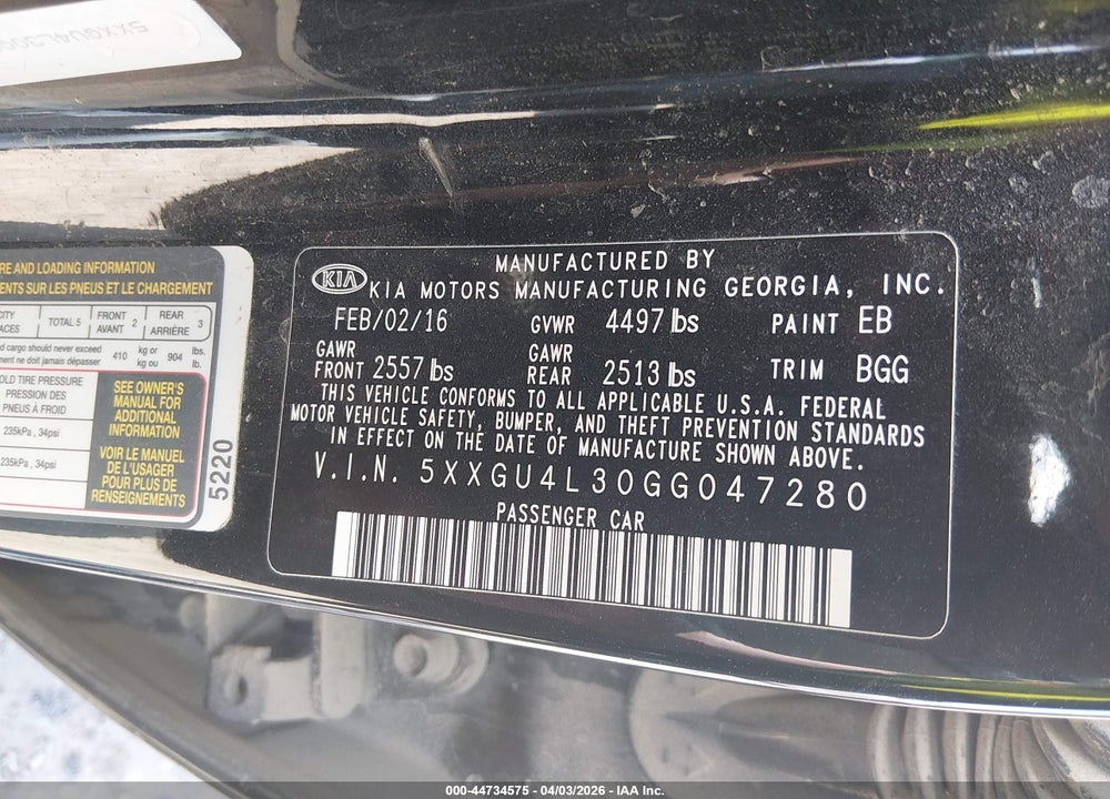 2016 KIA OPTIMA EX VIN: 5XXGU4L30GG047280