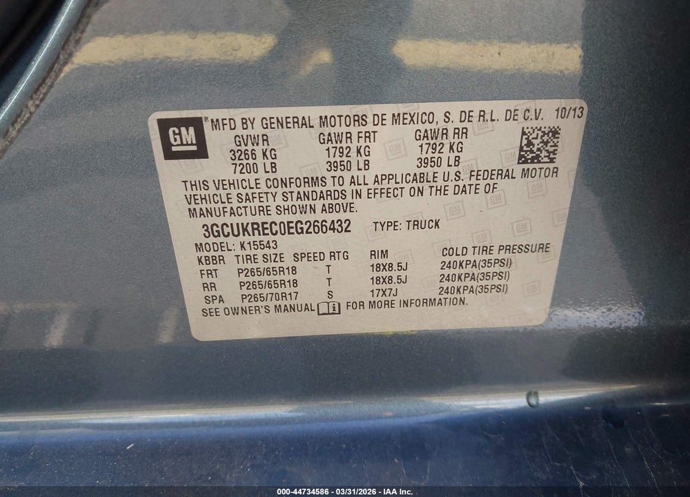 2014 CHEVROLET SILVERADO 1500 2LT VIN: 3GCUKREC0EG266432