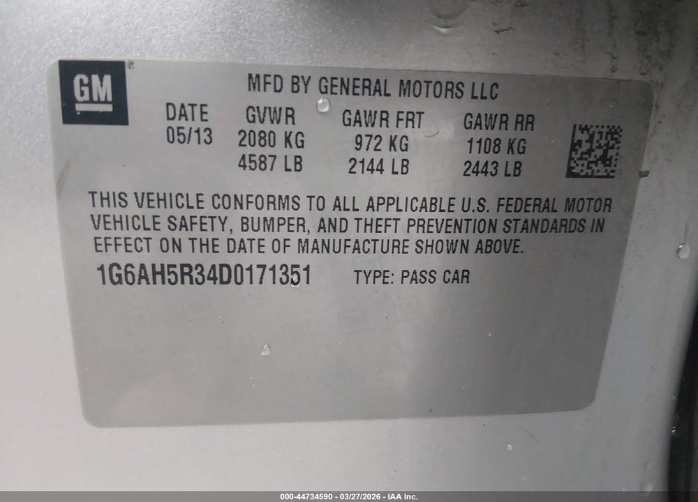 2013 CADILLAC ATS LUXURY VIN: 1G6AH5R34D0171351