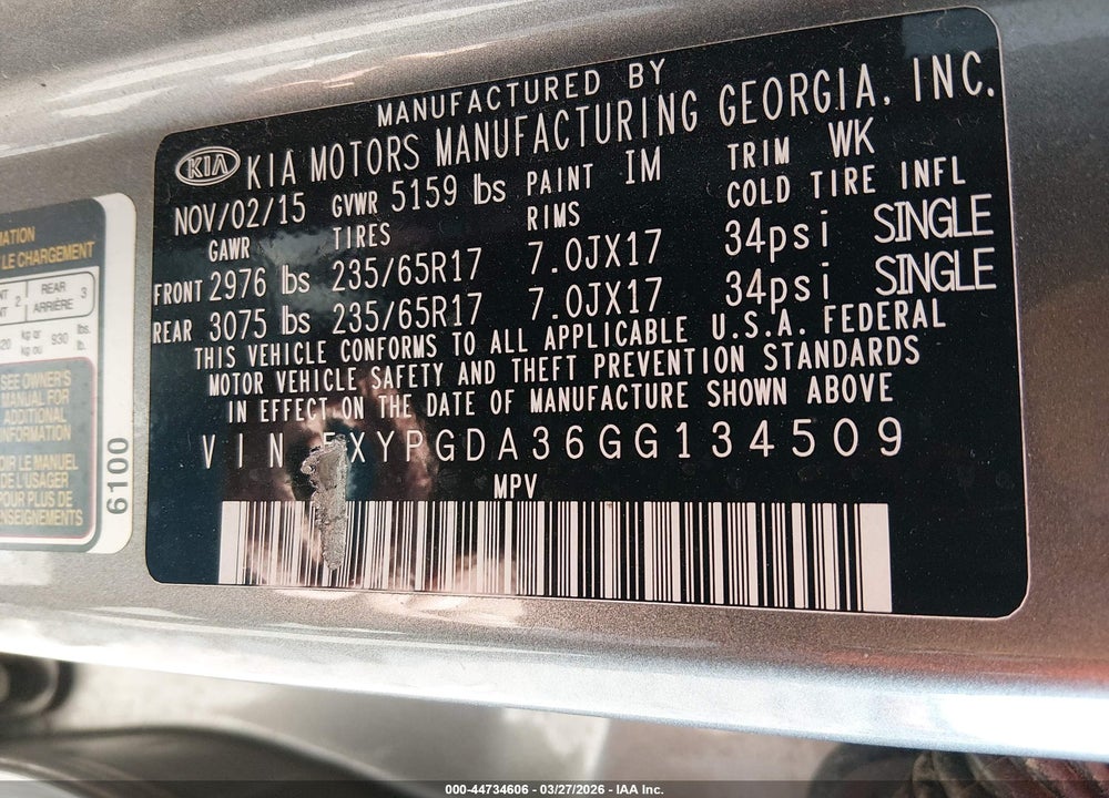 2016 KIA SORENTO 2.4L LX VIN: 5XYPGDA36GG134509