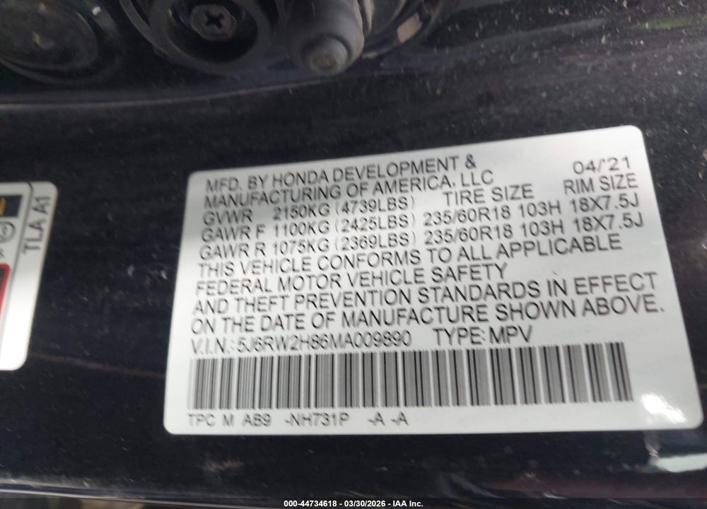 2021 HONDA CR-V AWD EX-L VIN: 5J6RW2H86MA009890