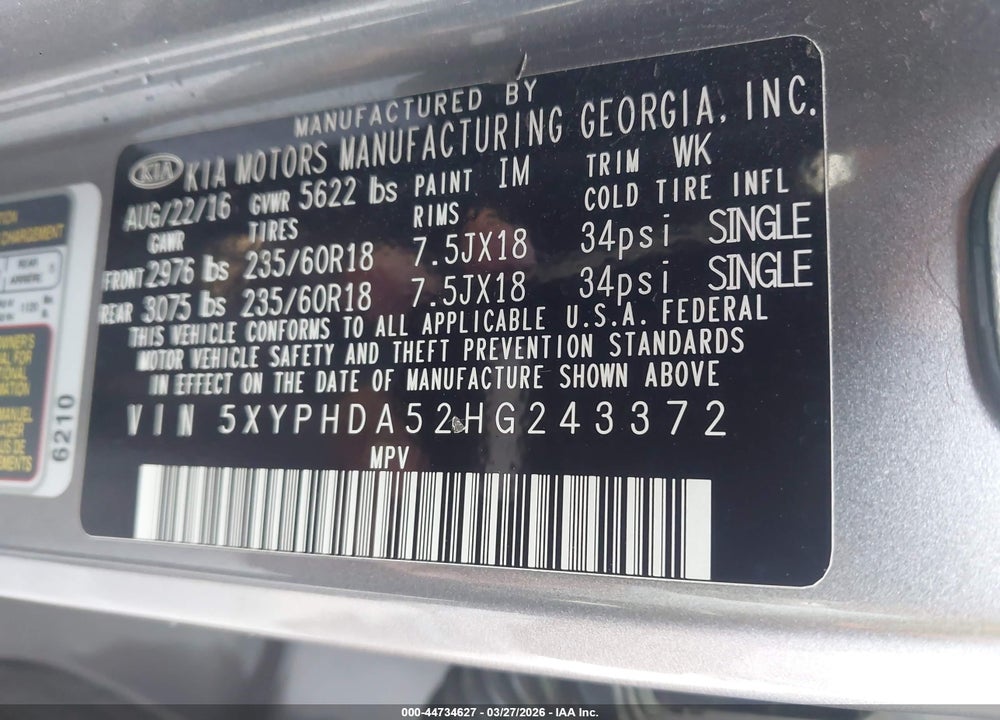 2017 KIA SORENTO 3.3L EX VIN: 5XYPHDA52HG243372