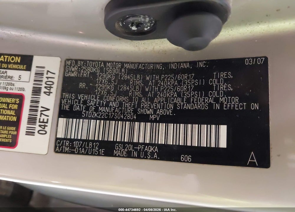 2007 TOYOTA SIENNA XLE VIN: 5TDZK22C17S042804
