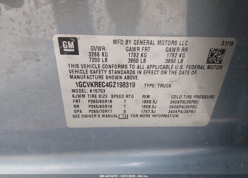 2016 CHEVROLET SILVERADO 1500 1LT VIN: 1GCVKREC4GZ198319