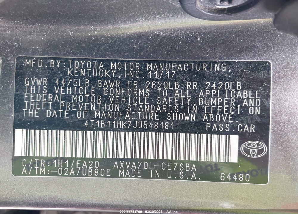 2018 TOYOTA CAMRY SE VIN: 4T1B11HK7JU548181