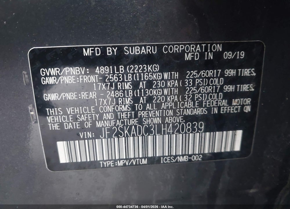 2020 SUBARU FORESTER VIN: JF2SKADC3LH420839