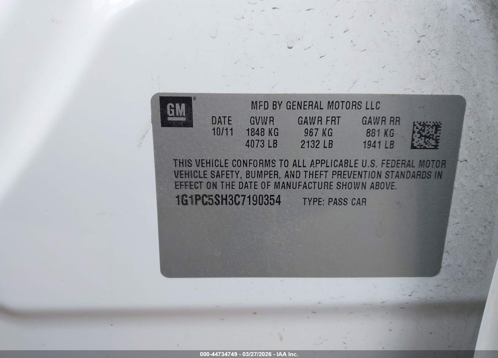 2012 CHEVROLET CRUZE LS VIN: 1G1PC5SH3C7190354