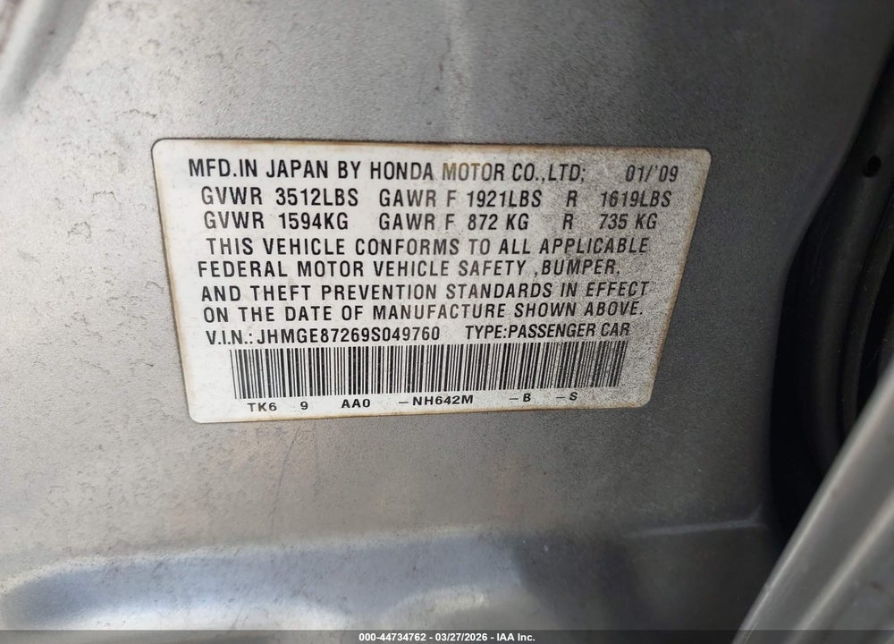 2009 HONDA FIT VIN: JHMGE87269S049760