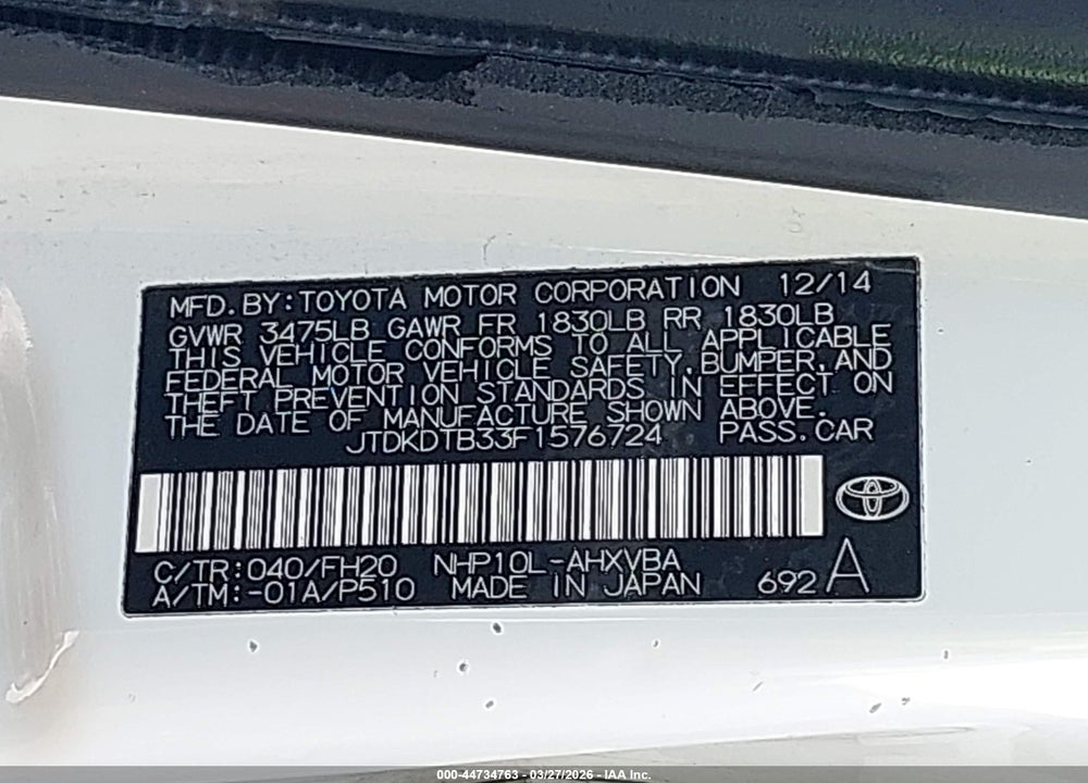 2015 TOYOTA PRIUS C ONE VIN: JTDKDTB33F1576724