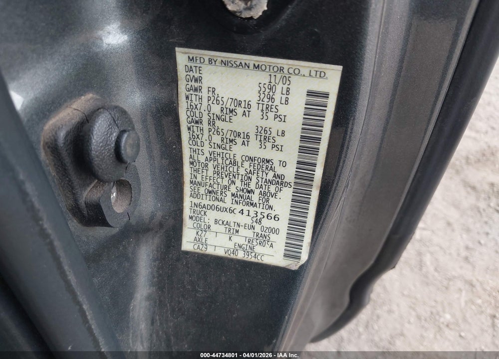 2006 NISSAN FRONTIER SE VIN: 1N6AD06UX6C413566