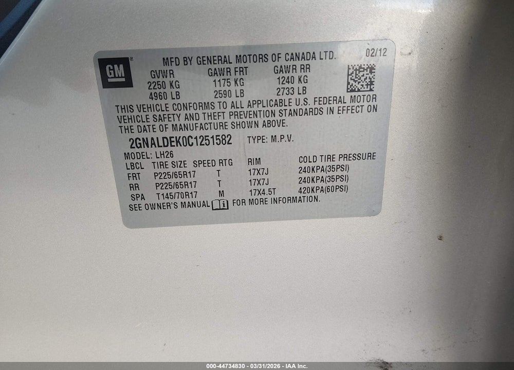 2012 CHEVROLET EQUINOX LT VIN: 2GNALDEK0C1251582