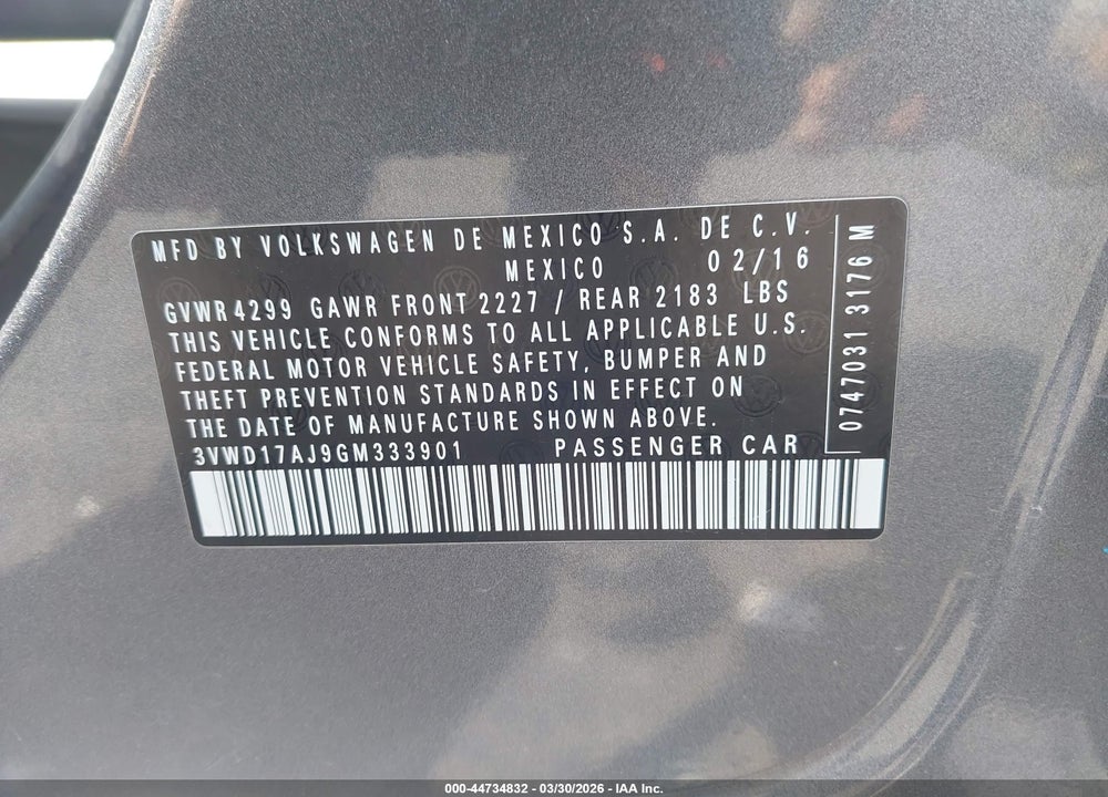 2016 VOLKSWAGEN JETTA 1.8T SPORT VIN: 3VWD17AJ9GM333901
