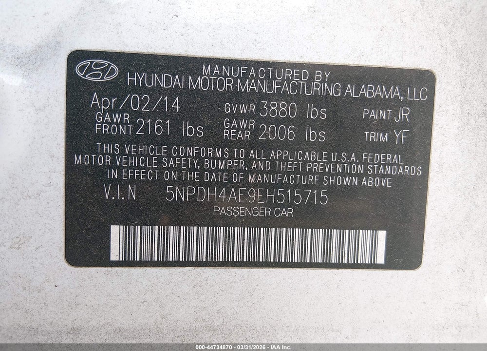 2014 HYUNDAI ELANTRA LIMITED VIN: 5NPDH4AE9EH515715