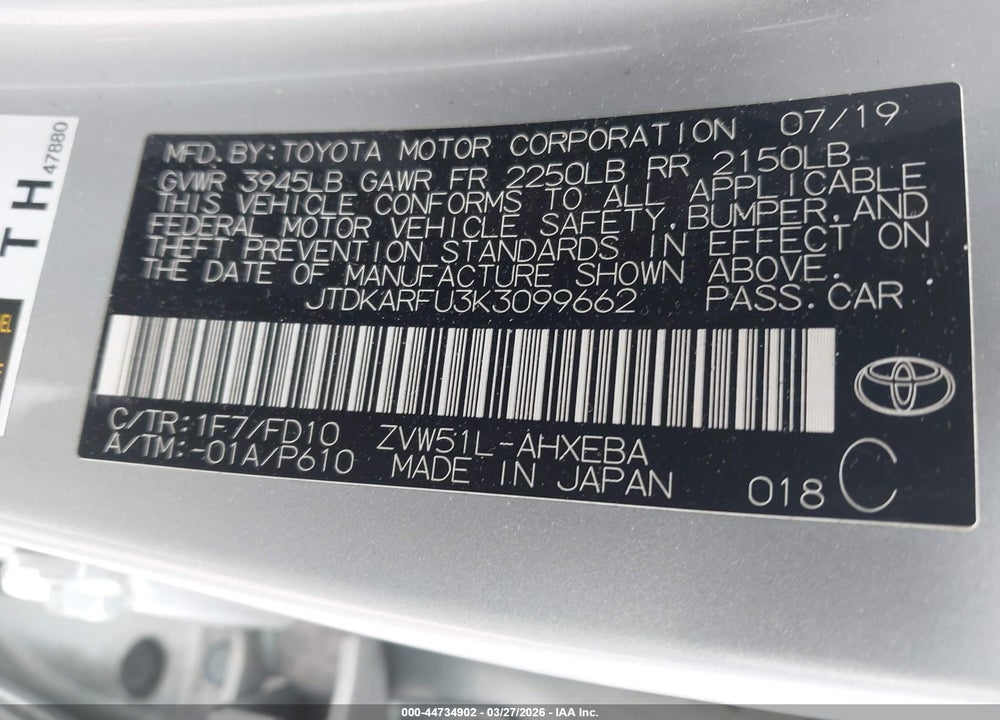 2019 TOYOTA PRIUS LE VIN: JTDKARFU3K3099662