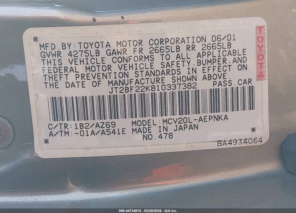 2001 TOYOTA CAMRY LE V6 VIN: JT2BF22K810337382
