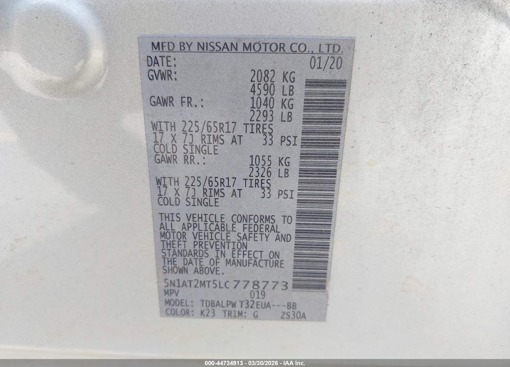 2020 NISSAN ROGUE S FWD VIN: 5N1AT2MT5LC778773