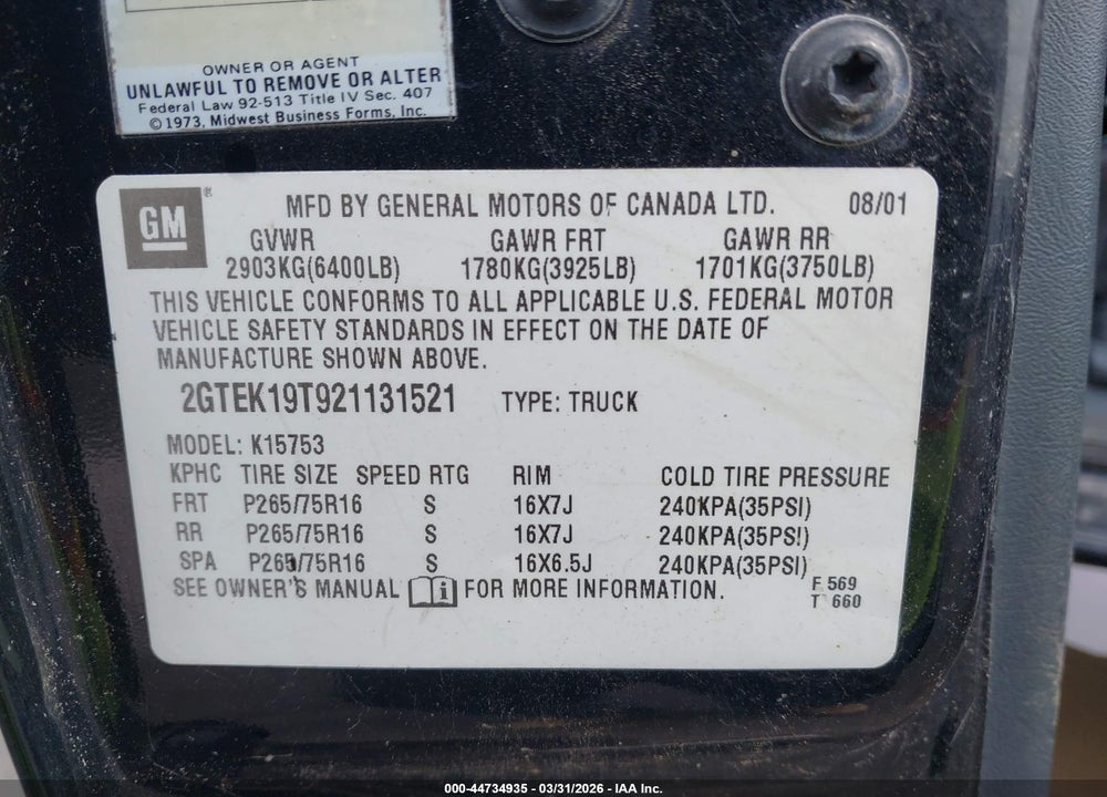 2002 GMC SIERRA 1500 SLE VIN: 2GTEK19T921131521