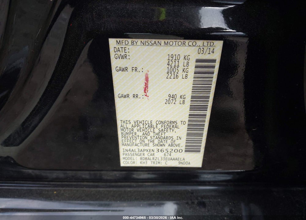 2014 NISSAN ALTIMA 2.5 S VIN: 1N4AL3APXEN365200