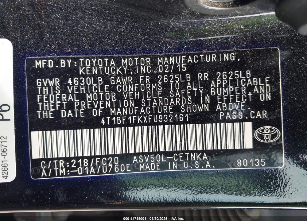 2015 TOYOTA CAMRY LE VIN: 4T1BF1FKXFU932161