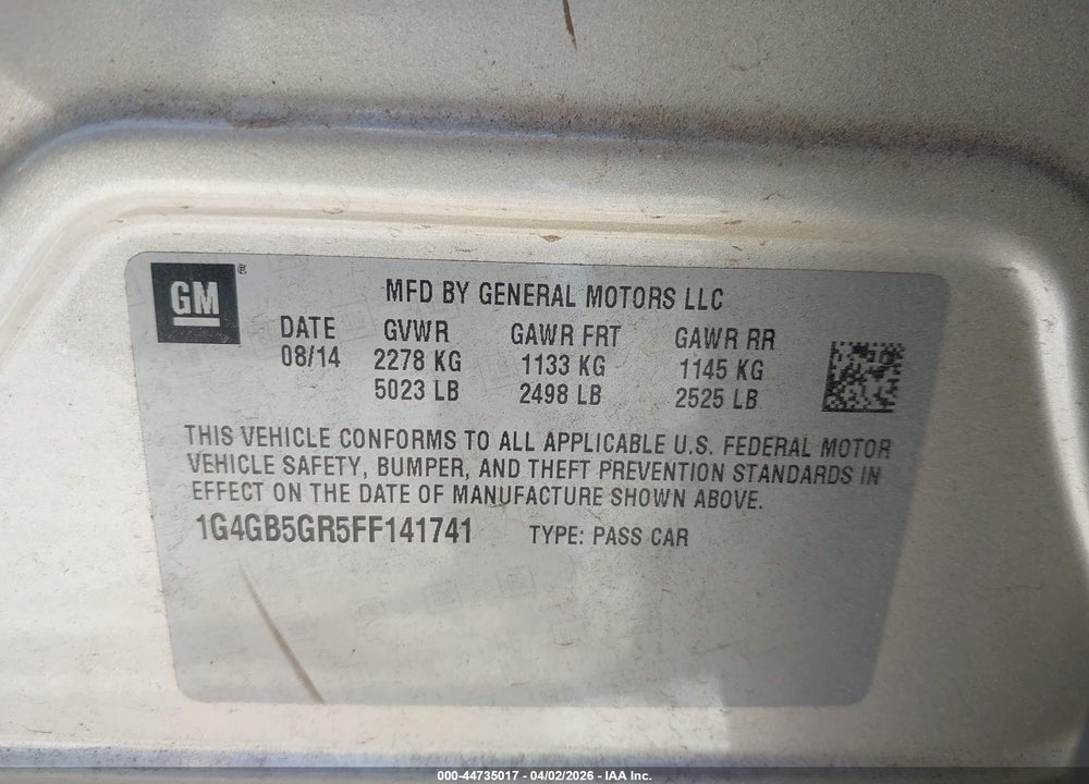 2015 BUICK LACROSSE LEATHER VIN: 1G4GB5GR5FF141741