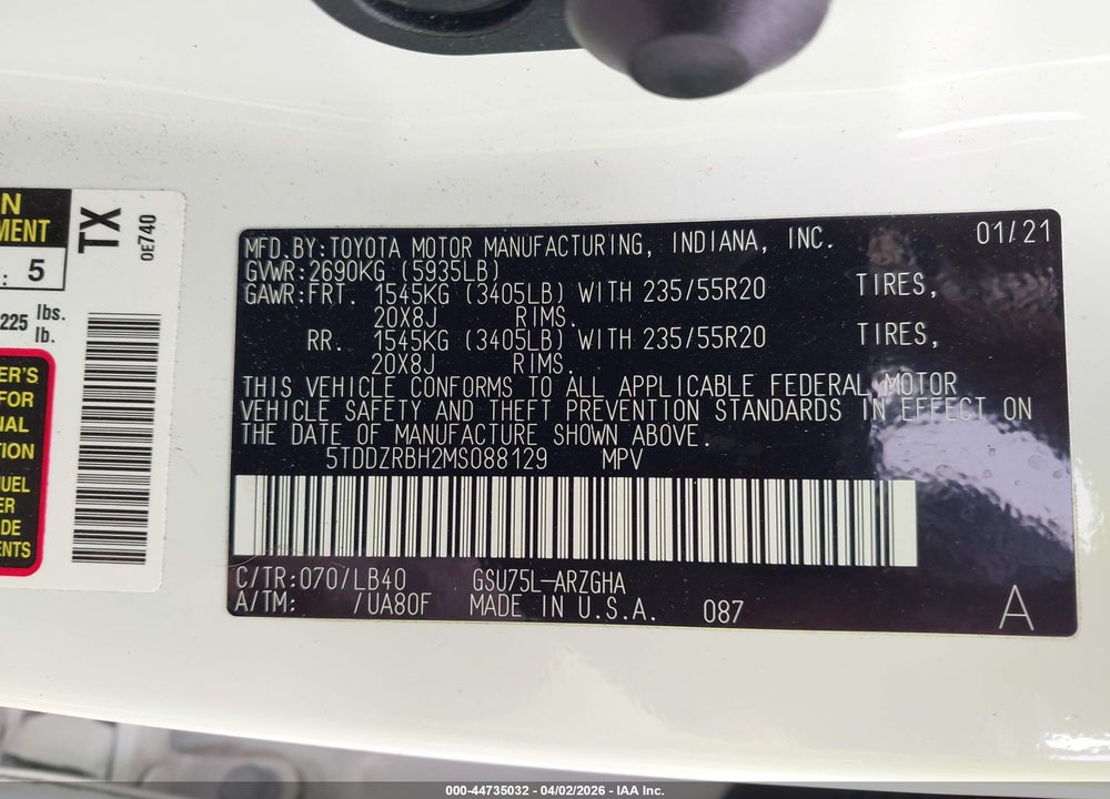 2021 TOYOTA HIGHLANDER LIMITED VIN: 5TDDZRBH2MS088129
